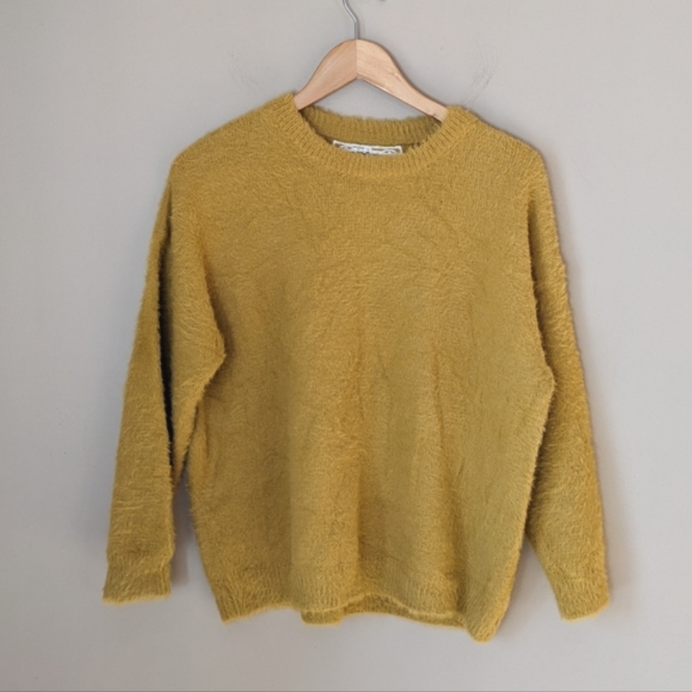 Pink Martini mustard colored crew neck fuzzy sweater size xs